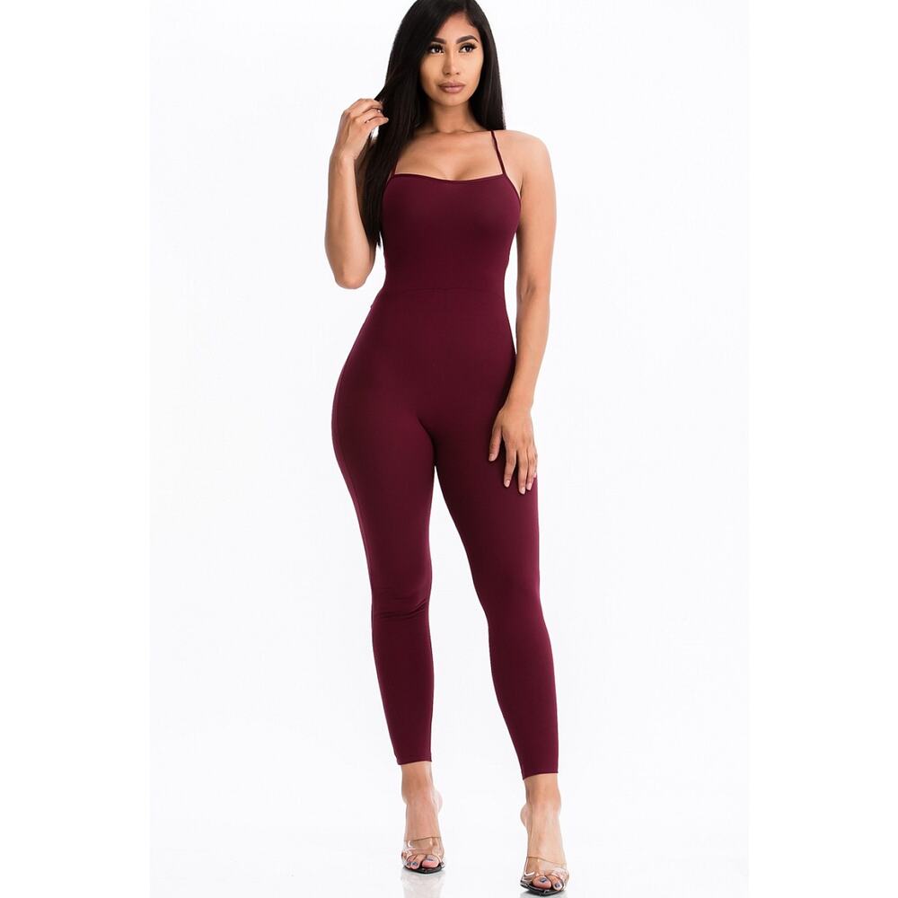 Criss-cross open back bodycon jumpsuit (Burgundy)-Large